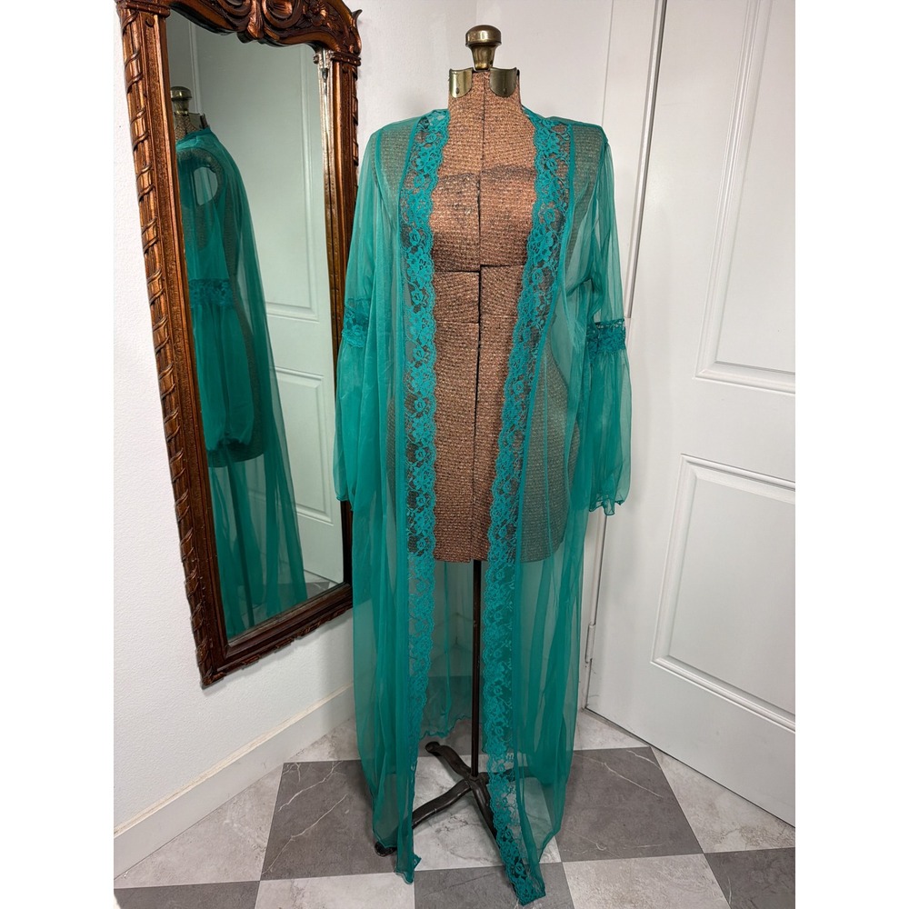 Vintage Teal Green Sheer Mesh Lace Trim Maxi Robe Bell Sleeve 1X X3489